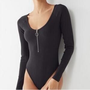 Urban Outfitters Out From Under Black Ribbed Long Sleeve Top Shirt w Zipper